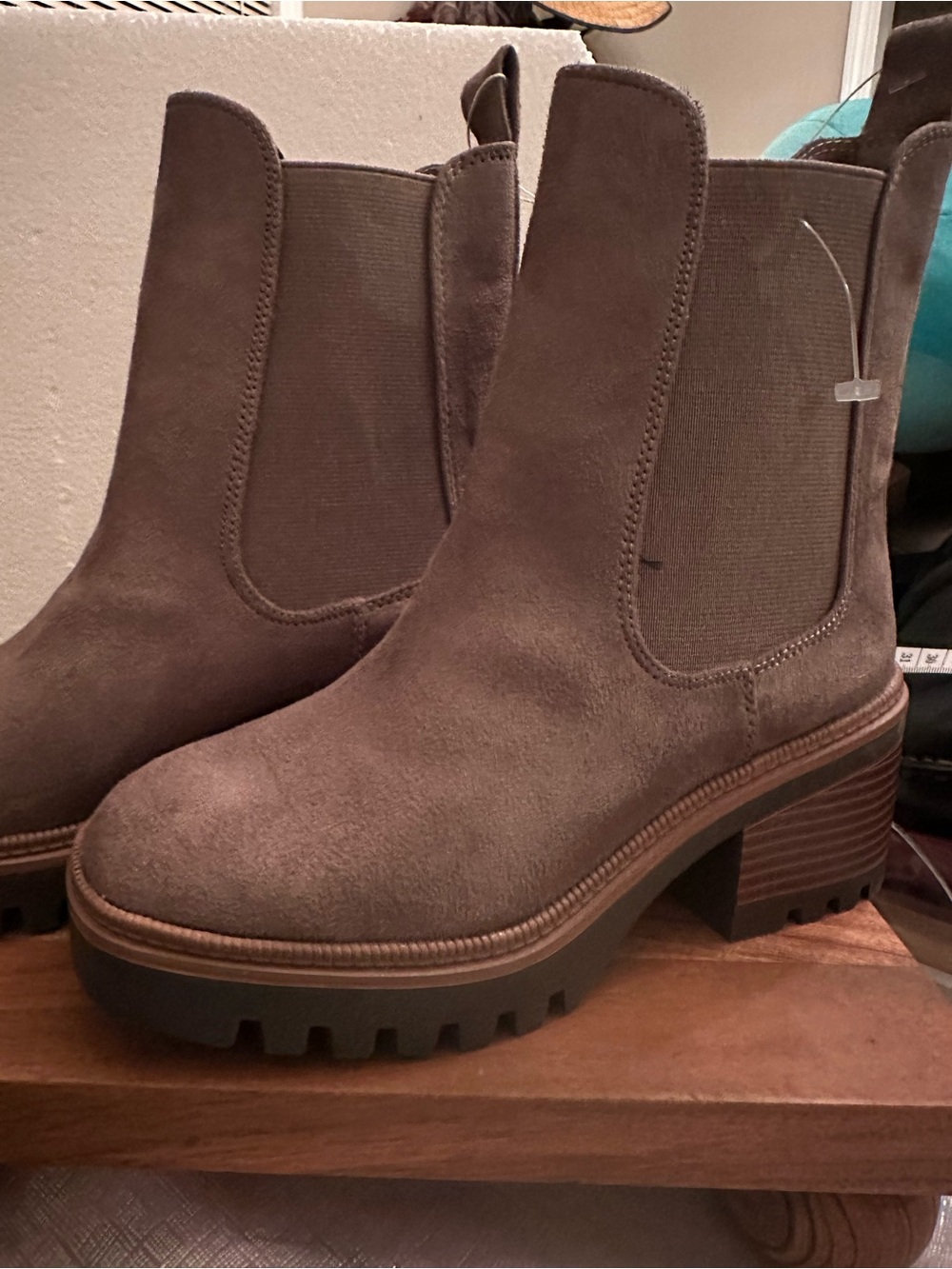 Pink Lily Taupe Suede Lug Chelsea Booties